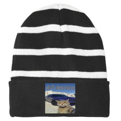 Rule 1 Always Boss Up Funny Cat Meme Striped Beanie with Solid Band