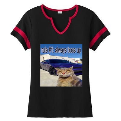 Rule # 1 Always Boss Up Funny Cat Meme Ladies Halftime Notch Neck Tee