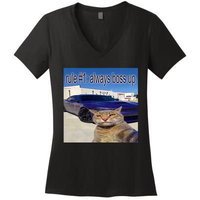 Rule # 1 Always Boss Up Funny Cat Meme Women's V-Neck T-Shirt