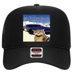 Rule 1 Always Boss Up Funny Cat Oddly Specific Dank Meme High Crown Mesh Back Trucker Hat