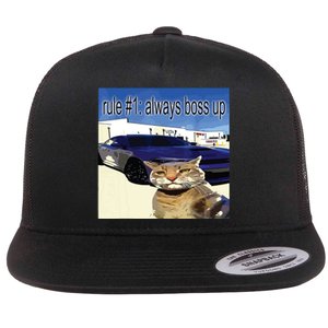 Rule 1 Always Boss Up Funny Cat Oddly Specific Dank Meme Flat Bill Trucker Hat