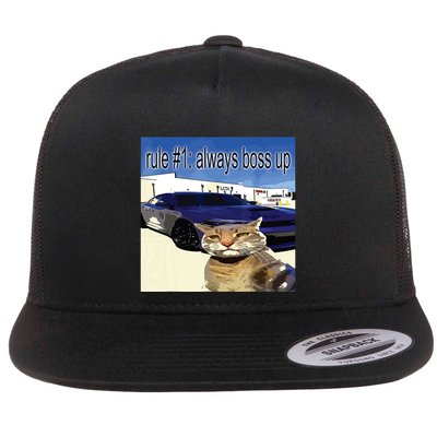 Rule 1 Always Boss Up Funny Cat Oddly Specific Dank Meme Flat Bill Trucker Hat