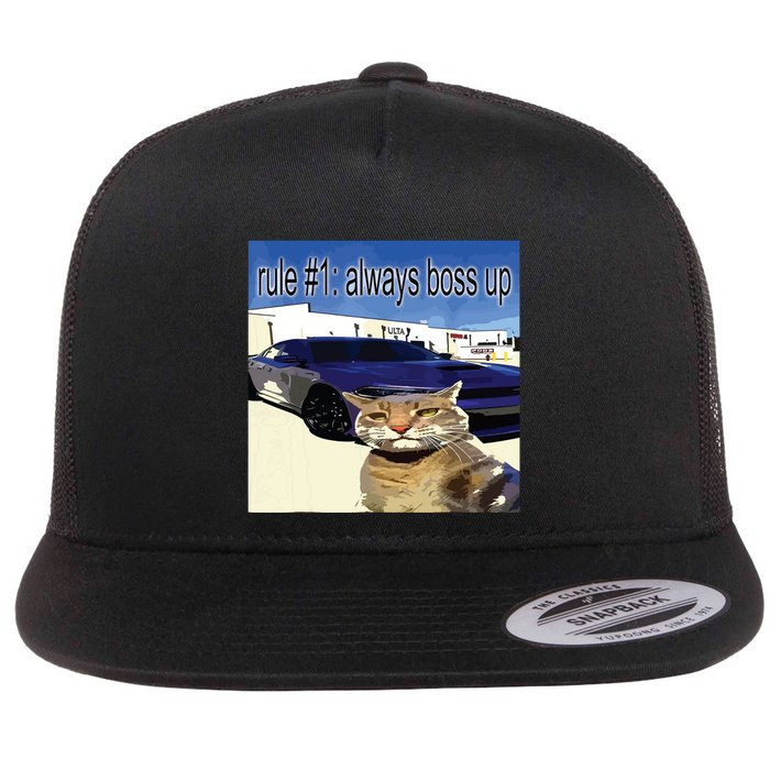 Rule 1 Always Boss Up Funny Cat Oddly Specific Dank Meme Flat Bill Trucker Hat