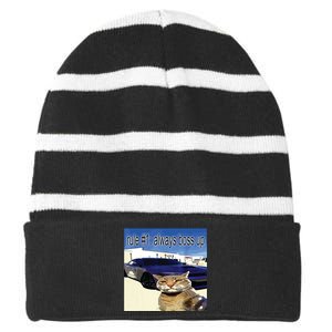 Rule 1 Always Boss Up Funny Cat Oddly Specific Dank Meme Striped Beanie with Solid Band