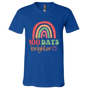 Rainbow 100 Days Brighter 100 Days Of School Groovy Retro Great Gift V-Neck T-Shirt