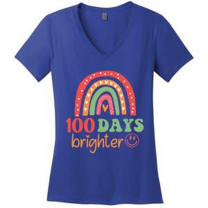 Rainbow 100 Days Brighter 100 Days Of School Groovy Retro Great Gift Women's V-Neck T-Shirt