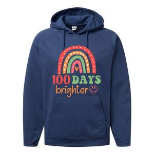 Rainbow 100 Days Brighter 100 Days Of School Groovy Retro Great Gift Performance Fleece Hoodie