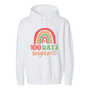 Rainbow 100 Days Brighter 100 Days Of School Groovy Retro Great Gift Garment-Dyed Fleece Hoodie