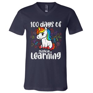 Retro 100 Days Of Magical Learning Unicorn 100th Day V-Neck T-Shirt