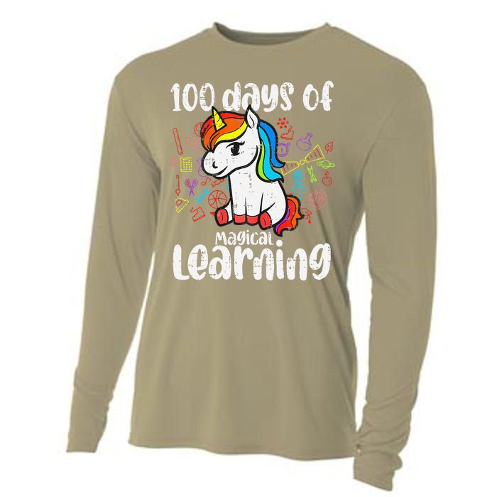 Retro 100 Days Of Magical Learning Unicorn 100th Day Cooling Performance Long Sleeve Crew