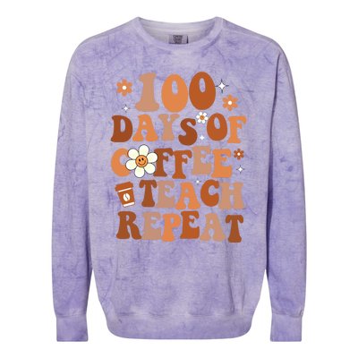 Retro 100 Days Of Coffee Teach Repeat Groovy School Teacher Gift Colorblast Crewneck Sweatshirt