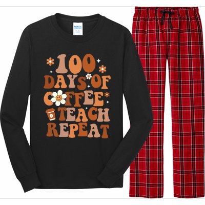 Retro 100 Days Of Coffee Teach Repeat Groovy School Teacher Gift Long Sleeve Pajama Set