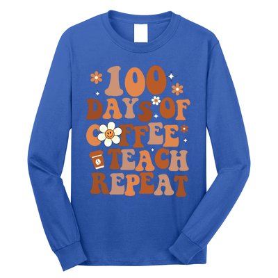 Retro 100 Days Of Coffee Teach Repeat Groovy School Teacher Gift Long Sleeve Shirt