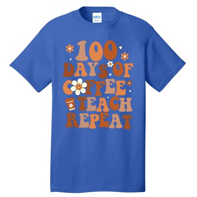 Retro 100 Days Of Coffee Teach Repeat Groovy School Teacher Gift Tall T-Shirt