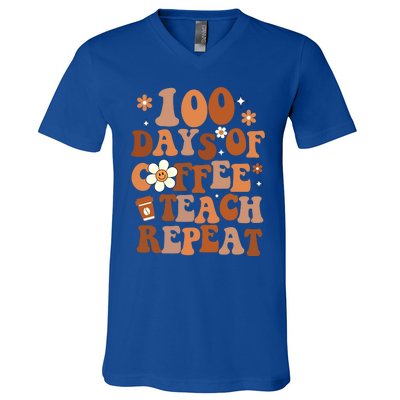 Retro 100 Days Of Coffee Teach Repeat Groovy School Teacher Gift V-Neck T-Shirt