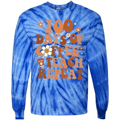 Retro 100 Days Of Coffee Teach Repeat Groovy School Teacher Gift Tie-Dye Long Sleeve Shirt