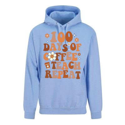 Retro 100 Days Of Coffee Teach Repeat Groovy School Teacher Gift Unisex Surf Hoodie