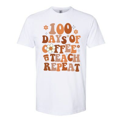 Retro 100 Days Of Coffee Teach Repeat Groovy School Teacher Gift Softstyle CVC T-Shirt