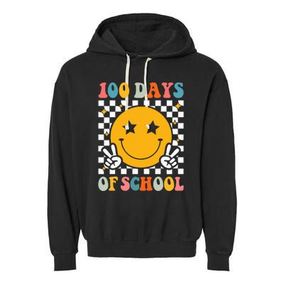 Retro 100 Days Of School Smile Face 100th Day Garment-Dyed Fleece Hoodie