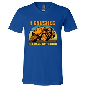 Retro 100 Days Of School Boys Monster Truck Gift V-Neck T-Shirt