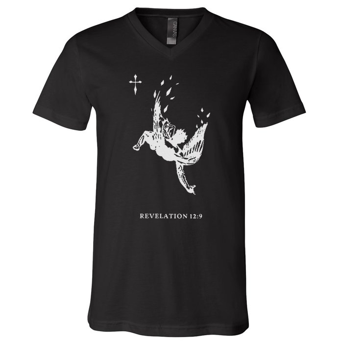 Revelations 129 Fallen Angel Satan Biblical Art V-Neck T-Shirt