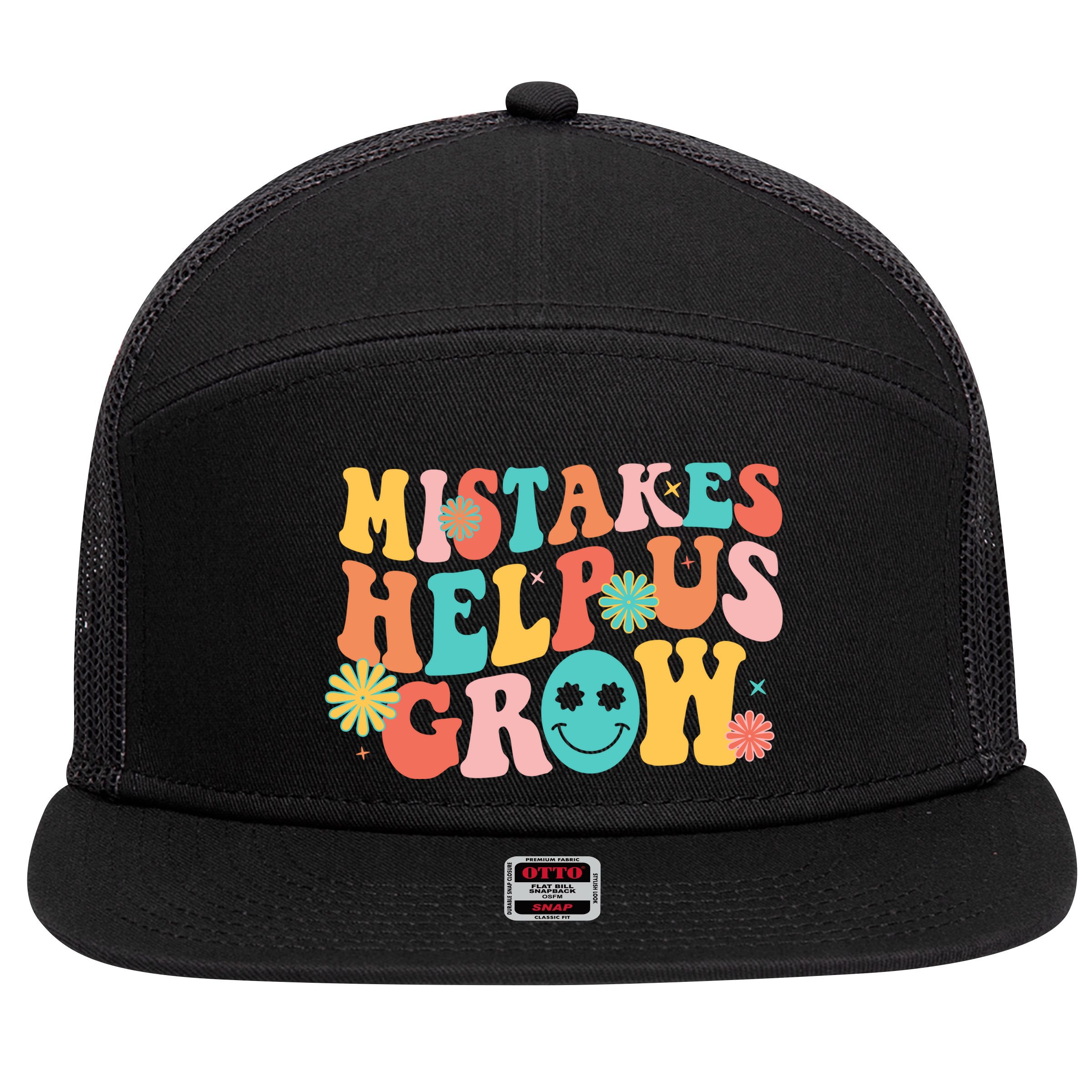 Retro 1960s Hippie Mistakes Help Us Grow 7 Panel Mesh Trucker Snapback Hat