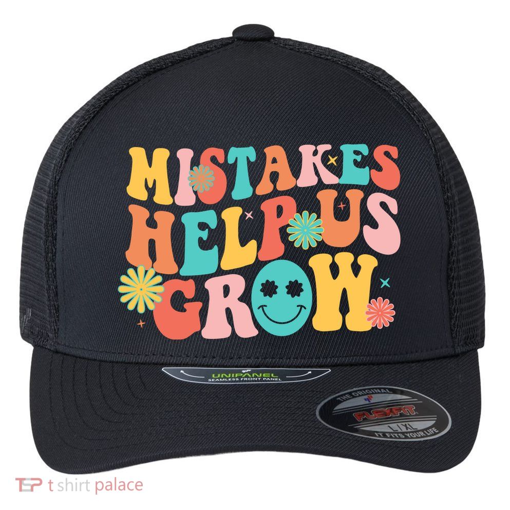 Retro 1960s Hippie Mistakes Help Us Grow Flexfit Unipanel Trucker Cap
