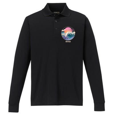 Retro 1980s Japanese Mount Fuji Performance Long Sleeve Polo