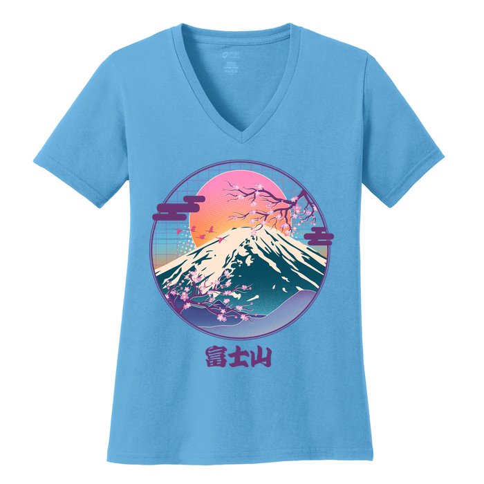 Retro 1980s Japanese Mount Fuji Women's V-Neck T-Shirt