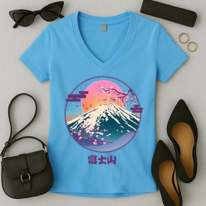 Retro 1980s Japanese Mount Fuji Women's V-Neck T-Shirt