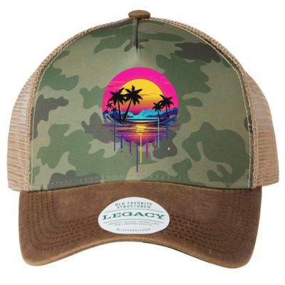 Retro 1980s Palm Tree Sunset Sunrise Pain Drip Legacy Tie Dye Trucker Hat