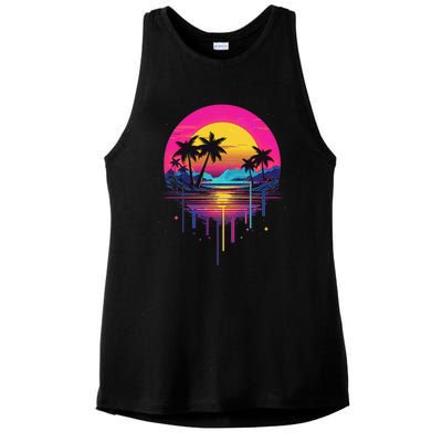 Retro 1980s Palm Tree Sunset Sunrise Pain Drip Ladies PosiCharge Tri-Blend Wicking Tank