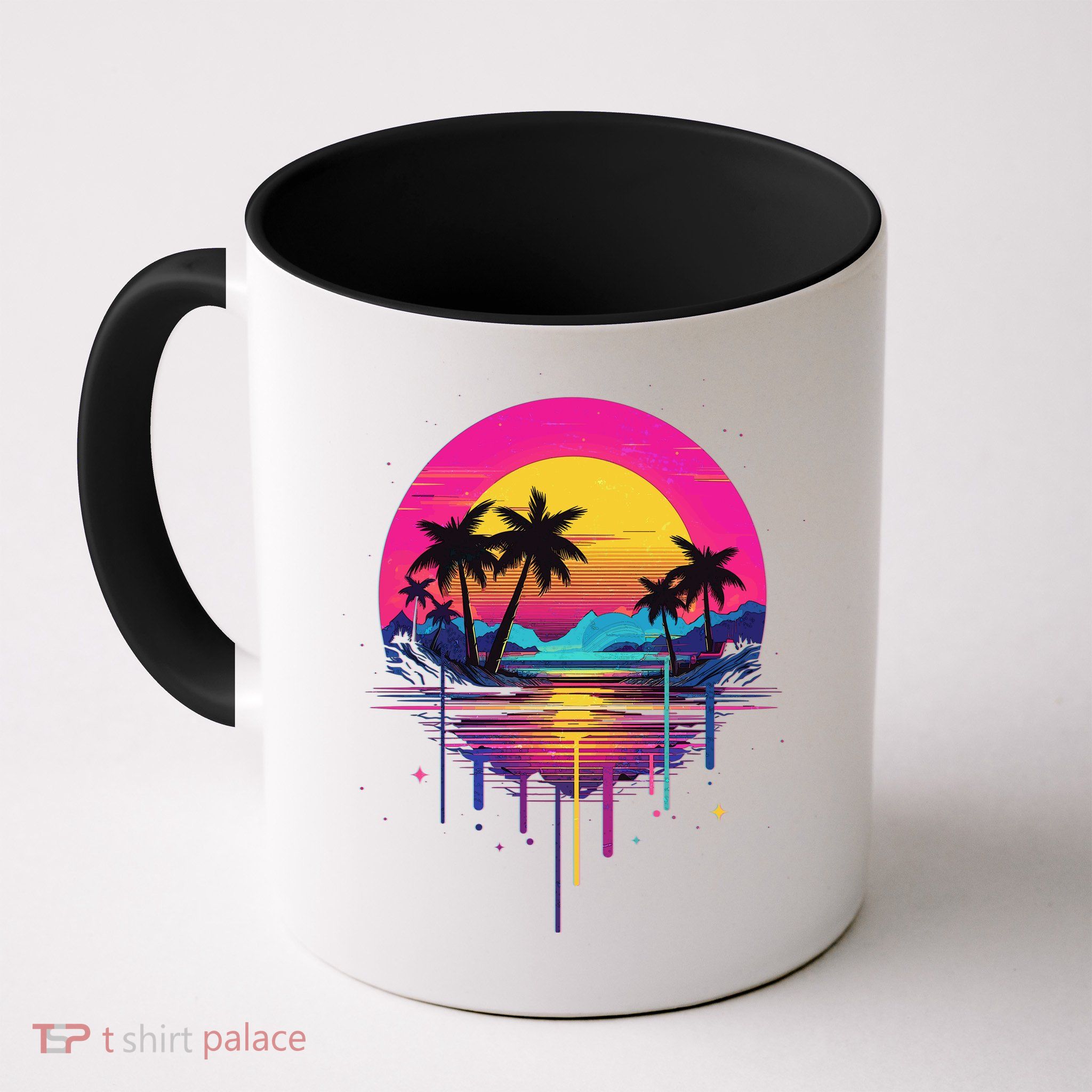 Retro 1980s Palm Tree Sunset Sunrise Pain Drip Coffee Mug