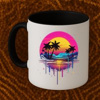 Retro 1980s Palm Tree Sunset Sunrise Pain Drip Mug