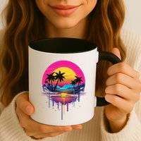 Retro 1980s Palm Tree Sunset Sunrise Pain Drip Mug