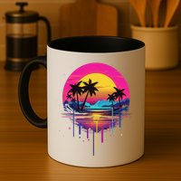 Retro 1980s Palm Tree Sunset Sunrise Pain Drip Mug
