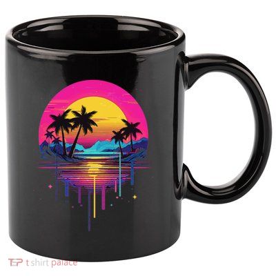 Retro 1980s Palm Tree Sunset Sunrise Pain Drip 11oz C Handle Ceramic Mug