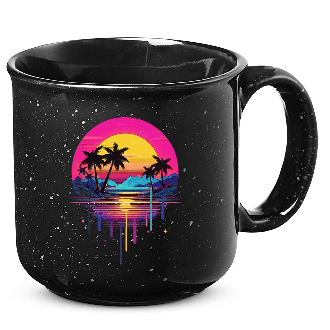 Retro 1980s Palm Tree Sunset Sunrise Pain Drip 15oz Campfire Ceramic Mug