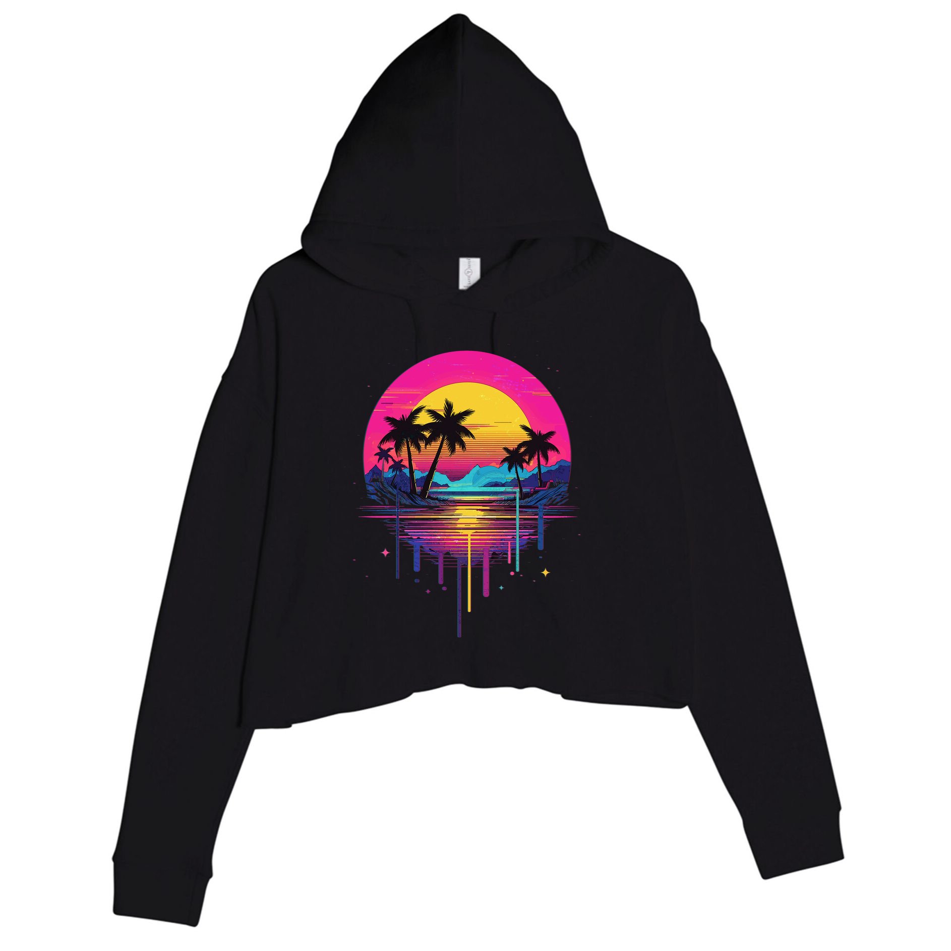 Retro 1980s Palm Tree Sunset Sunrise Pain Drip Crop Fleece Hoodie