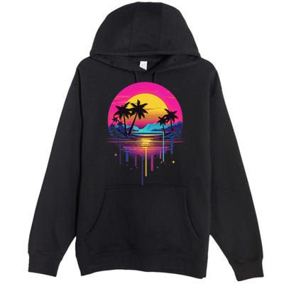 Retro 1980s Palm Tree Sunset Sunrise Pain Drip Premium Pullover Hoodie