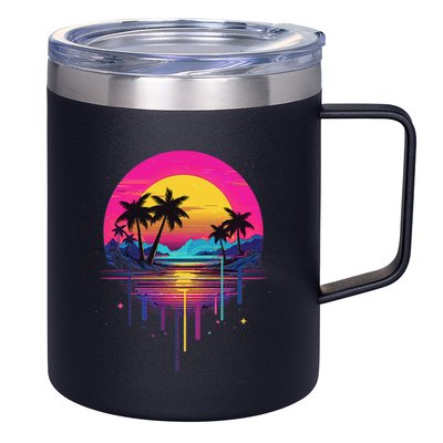 Retro 1980s Palm Tree Sunset Sunrise Pain Drip 12oz Stainless Steel Coffee Mug