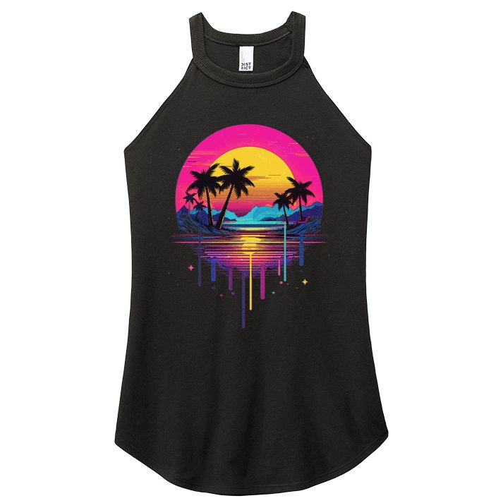 Retro 1980s Palm Tree Sunset Sunrise Pain Drip Women's Perfect Tri Rocker Tank