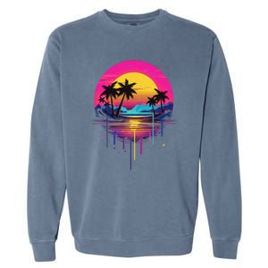 Retro 1980s Palm Tree Sunset Sunrise Pain Drip Garment-Dyed Sweatshirt