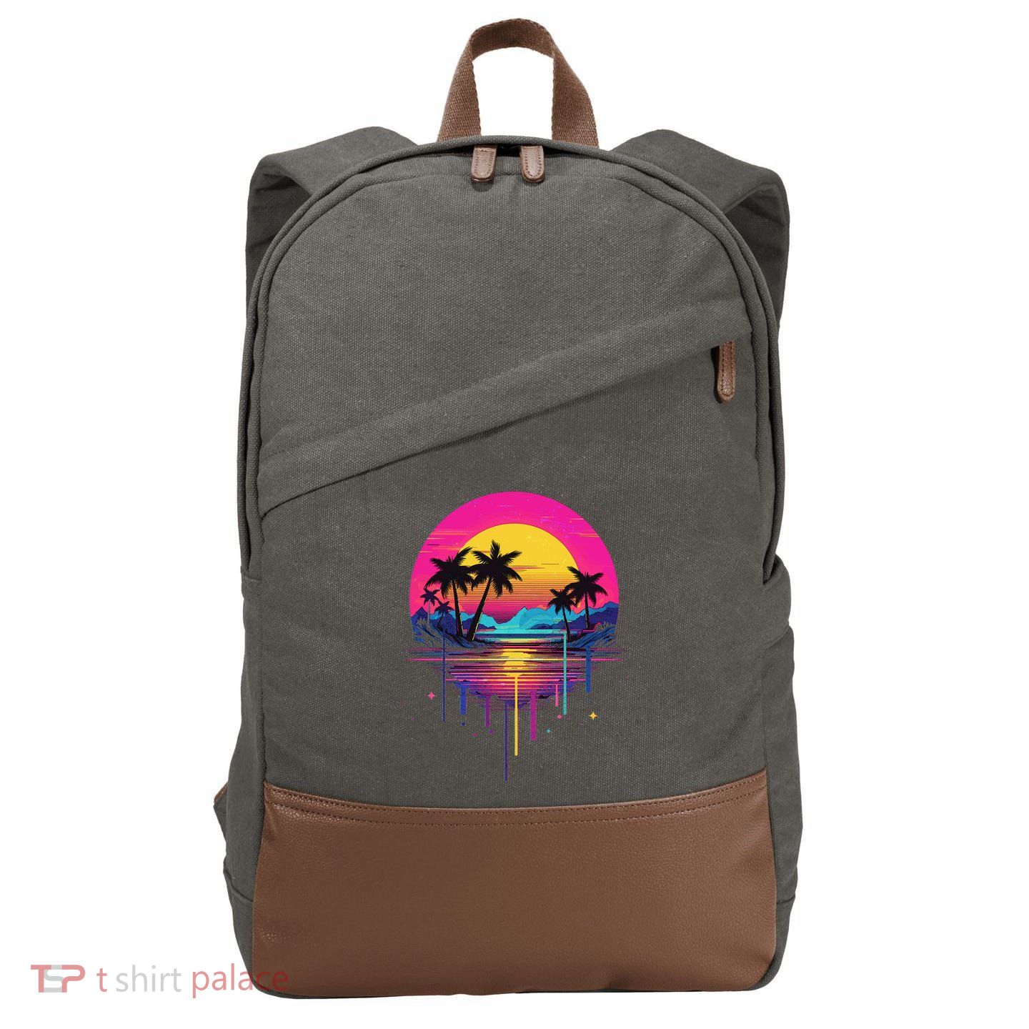 Retro 1980s Palm Tree Sunset Sunrise Pain Drip Cotton Canvas Backpack