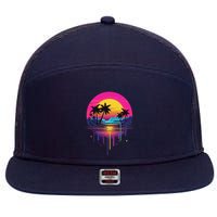 Retro 1980s Palm Tree Sunset Sunrise Pain Drip 7 Panel Mesh Trucker Snapback Hat