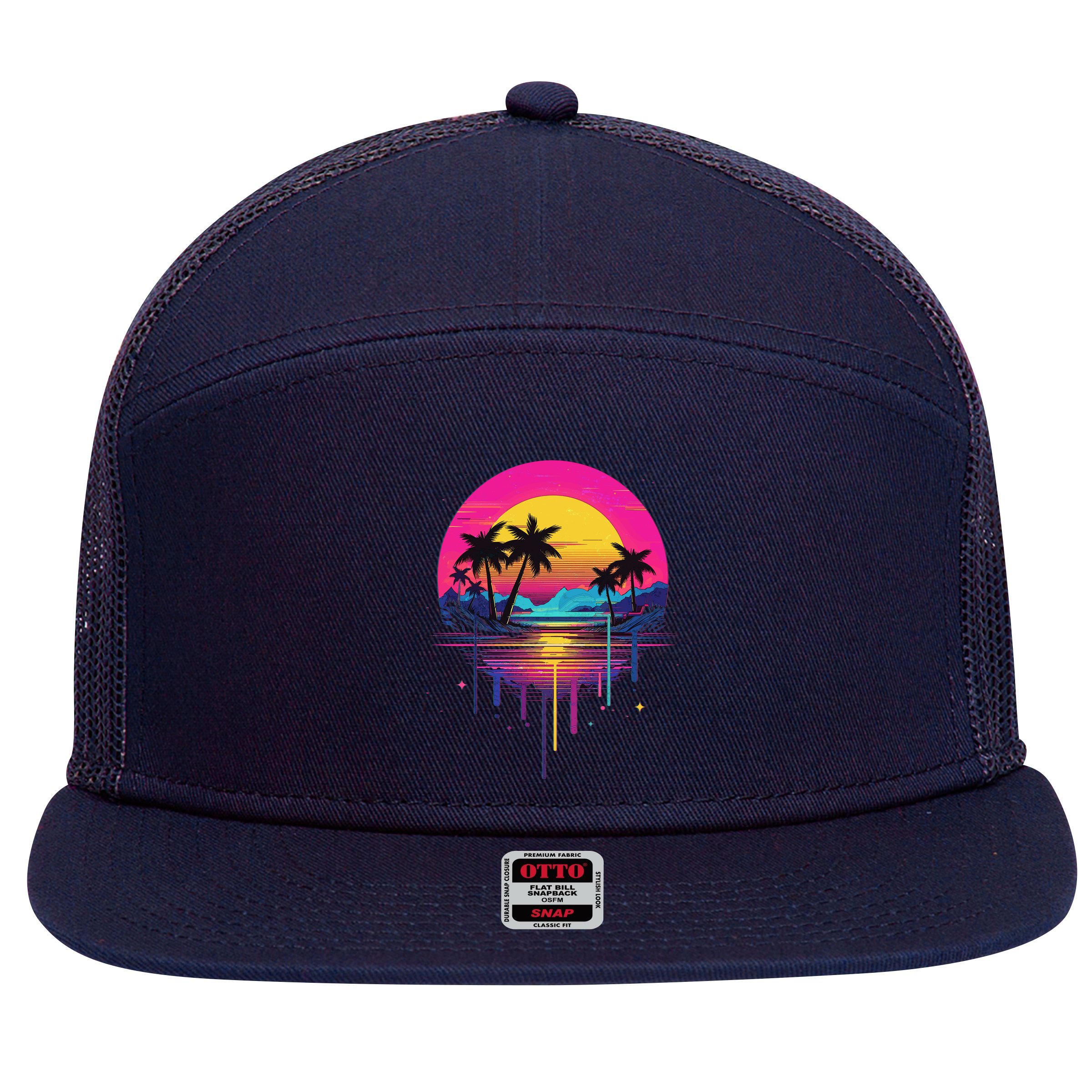 Retro 1980s Palm Tree Sunset Sunrise Pain Drip 7 Panel Mesh Trucker Snapback Hat
