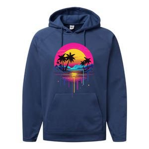 Retro 1980s Palm Tree Sunset Sunrise Pain Drip Performance Fleece Hoodie