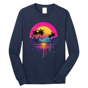 Retro 1980s Palm Tree Sunset Sunrise Pain Drip Long Sleeve Shirt