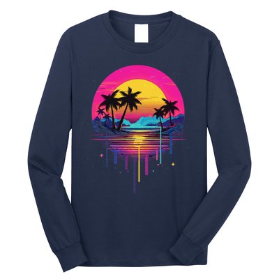 Retro 1980s Palm Tree Sunset Sunrise Pain Drip Long Sleeve Shirt