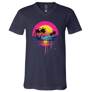 Retro 1980s Palm Tree Sunset Sunrise Pain Drip V-Neck T-Shirt